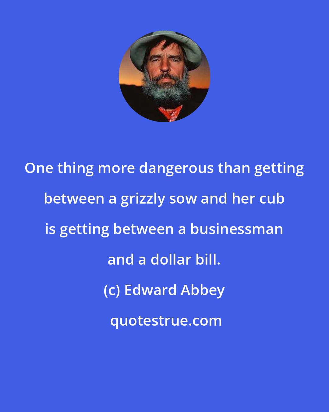 Edward Abbey: One thing more dangerous than getting between a grizzly sow and her cub is getting between a businessman and a dollar bill.