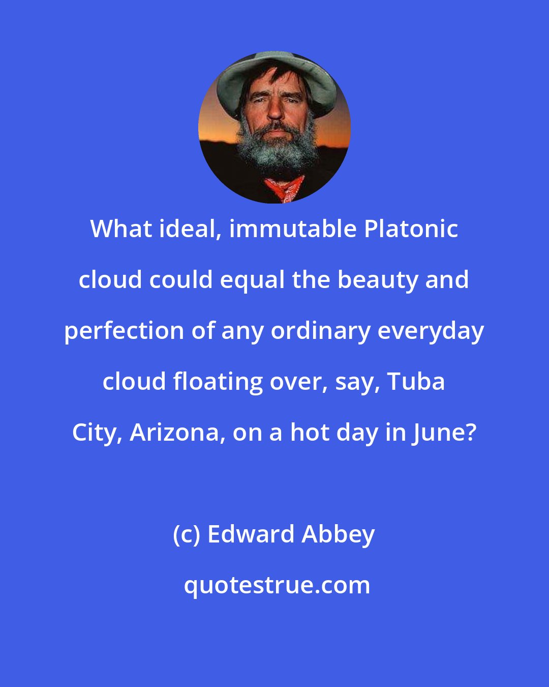 Edward Abbey: What ideal, immutable Platonic cloud could equal the beauty and perfection of any ordinary everyday cloud floating over, say, Tuba City, Arizona, on a hot day in June?