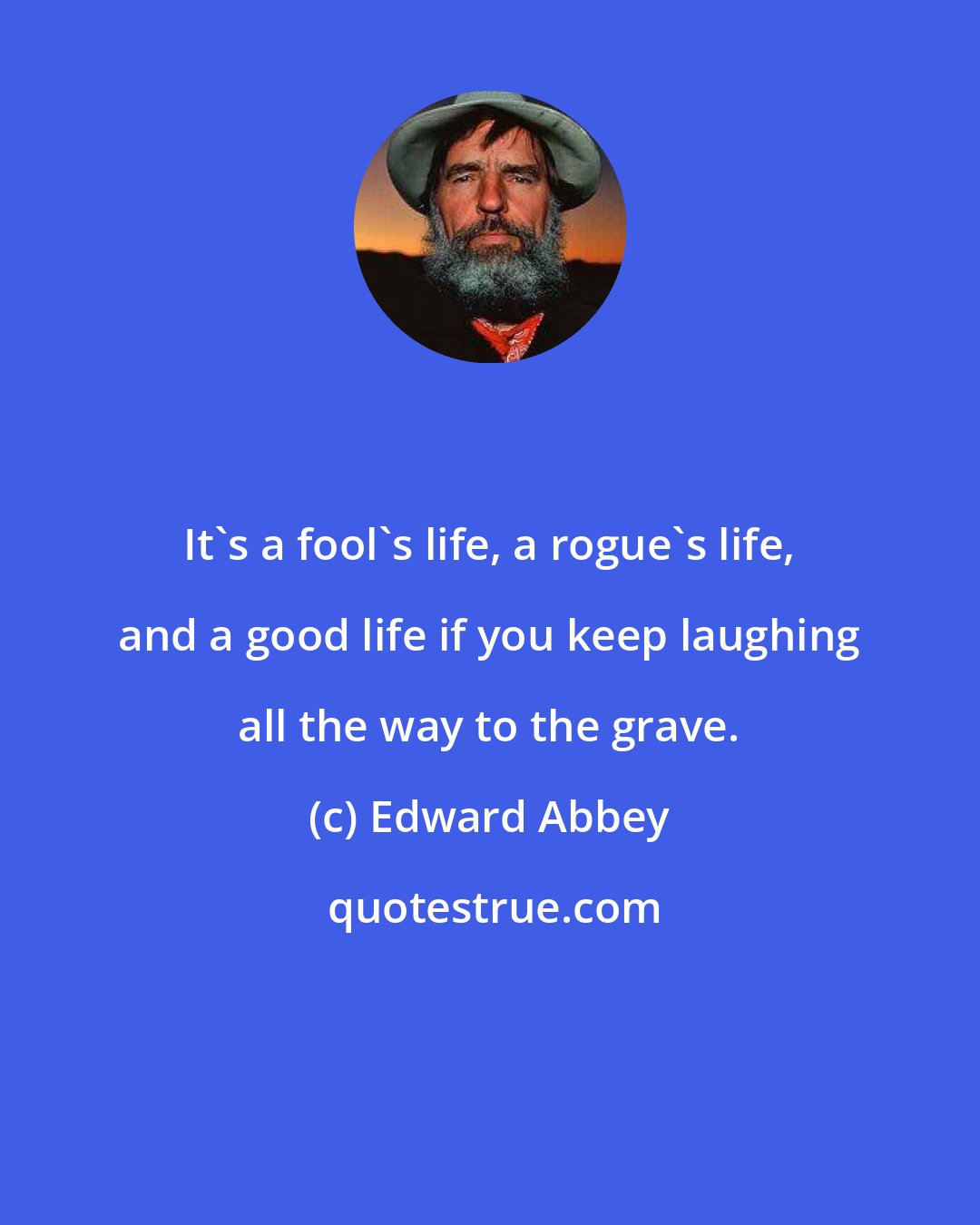 Edward Abbey: It's a fool's life, a rogue's life, and a good life if you keep laughing all the way to the grave.