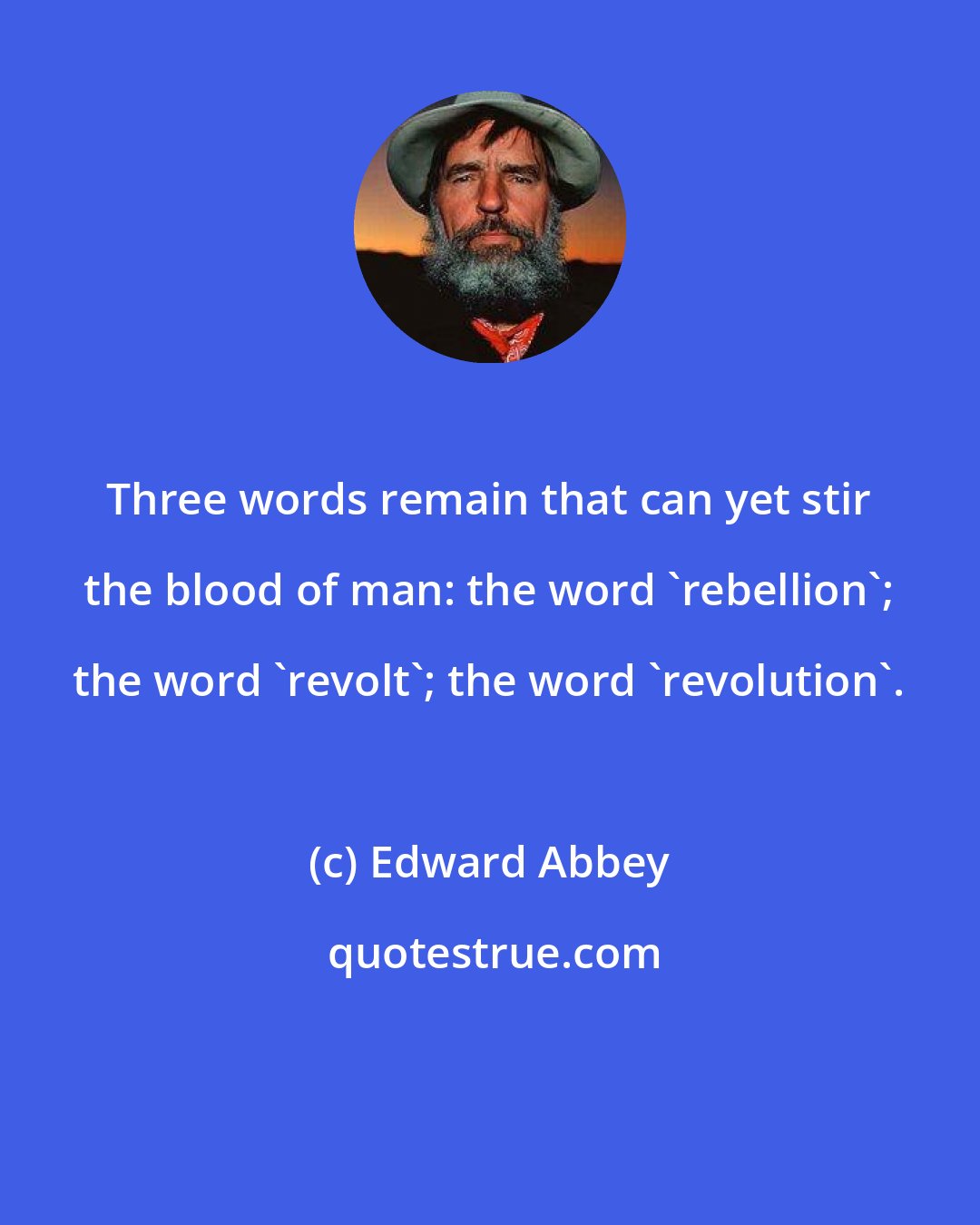 Edward Abbey: Three words remain that can yet stir the blood of man: the word 'rebellion'; the word 'revolt'; the word 'revolution'.