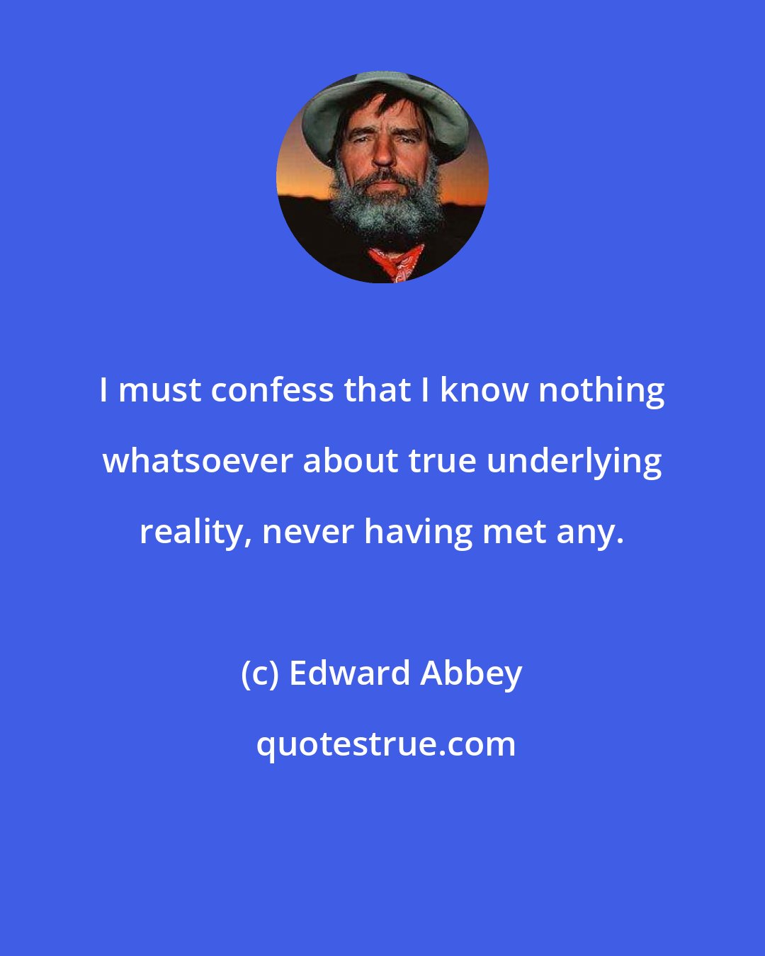 Edward Abbey: I must confess that I know nothing whatsoever about true underlying reality, never having met any.