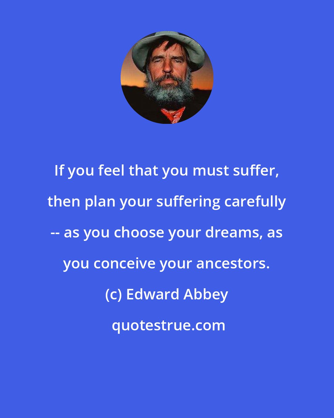 Edward Abbey: If you feel that you must suffer, then plan your suffering carefully -- as you choose your dreams, as you conceive your ancestors.