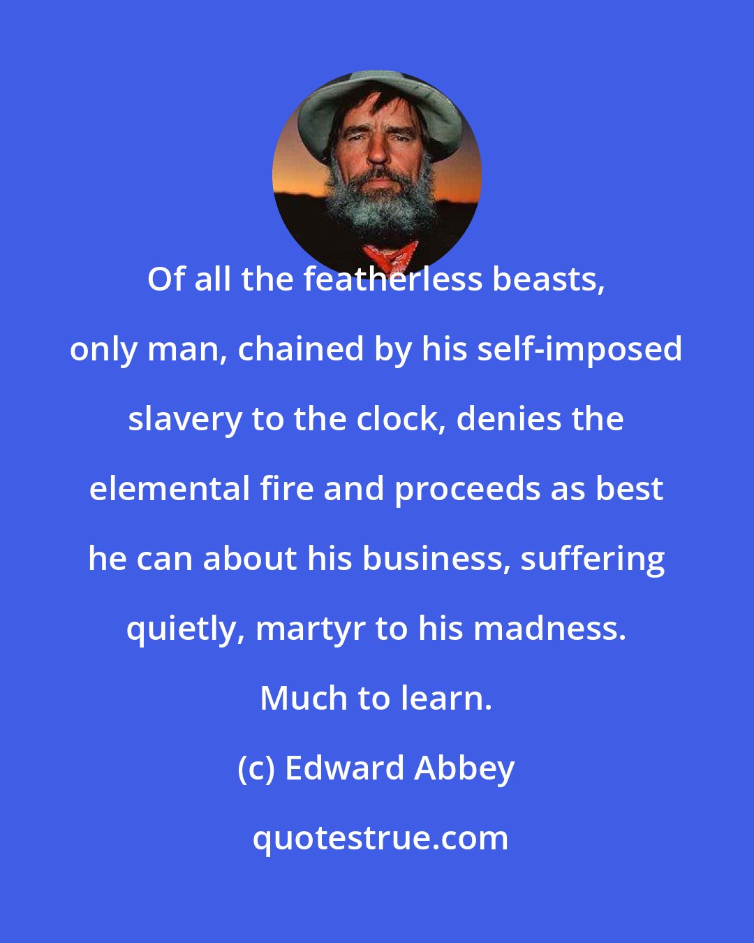 Edward Abbey: Of all the featherless beasts, only man, chained by his self-imposed slavery to the clock, denies the elemental fire and proceeds as best he can about his business, suffering quietly, martyr to his madness. Much to learn.