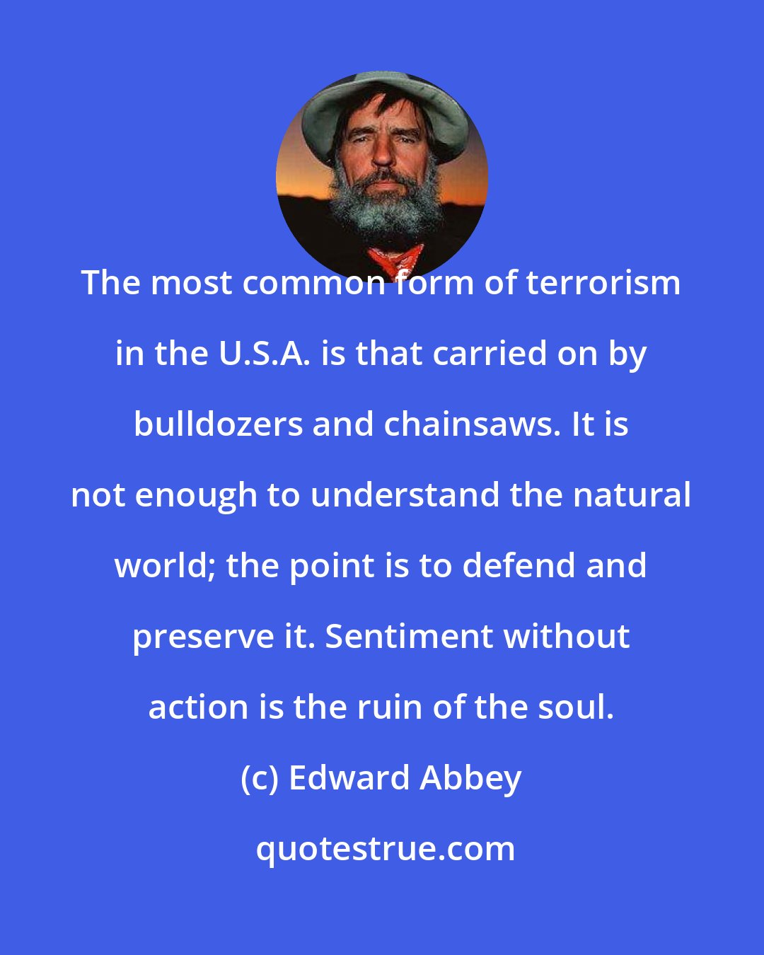 Edward Abbey: The most common form of terrorism in the U.S.A. is that carried on by bulldozers and chainsaws. It is not enough to understand the natural world; the point is to defend and preserve it. Sentiment without action is the ruin of the soul.