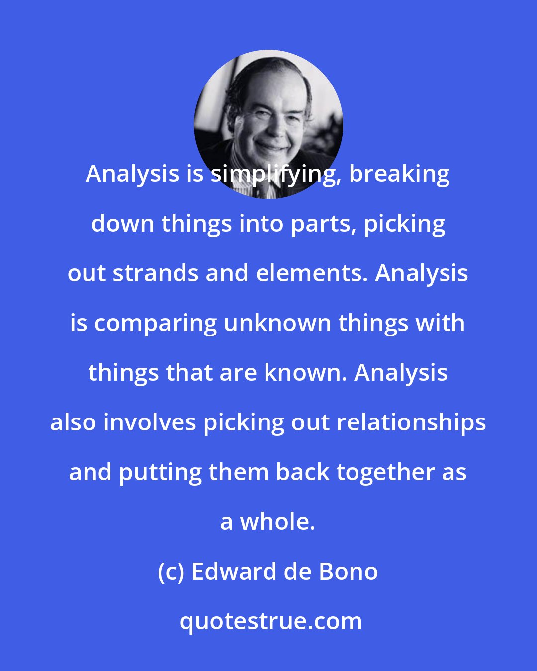 Edward de Bono: Analysis is simplifying, breaking down things into parts, picking out strands and elements. Analysis is comparing unknown things with things that are known. Analysis also involves picking out relationships and putting them back together as a whole.