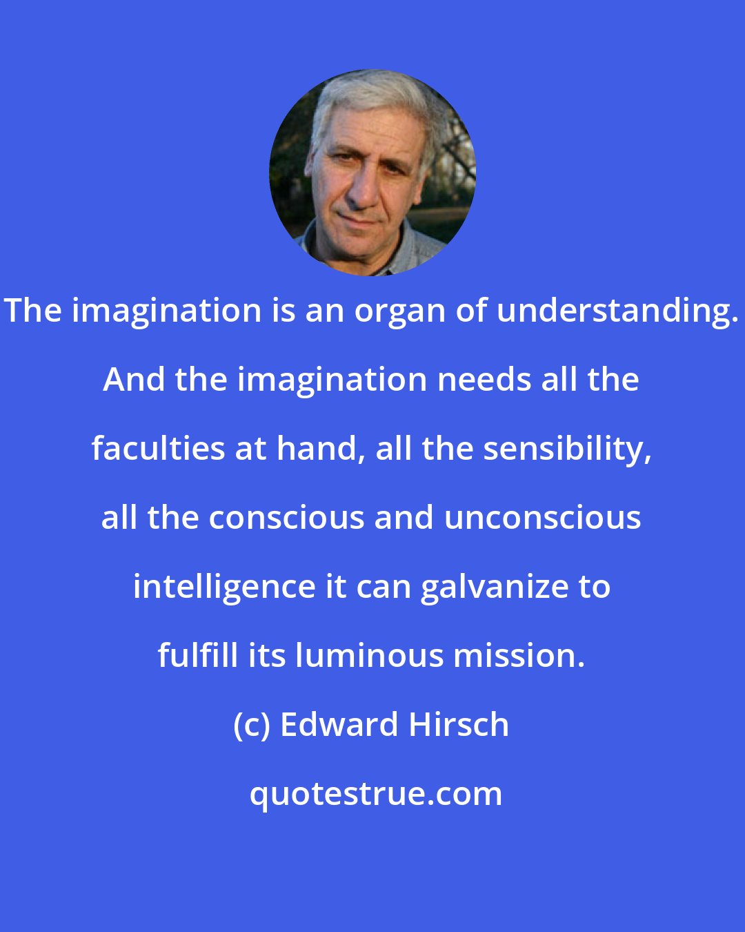 Edward Hirsch: The imagination is an organ of understanding. And the imagination needs all the faculties at hand, all the sensibility, all the conscious and unconscious intelligence it can galvanize to fulfill its luminous mission.