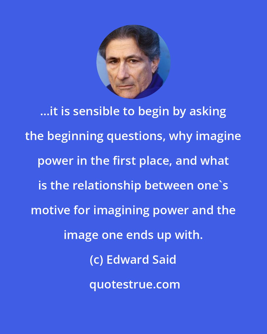 Edward Said: ...it is sensible to begin by asking the beginning questions, why imagine power in the first place, and what is the relationship between one's motive for imagining power and the image one ends up with.