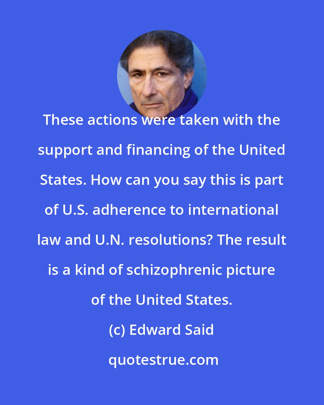 Edward Said: These actions were taken with the support and financing of the United States. How can you say this is part of U.S. adherence to international law and U.N. resolutions? The result is a kind of schizophrenic picture of the United States.