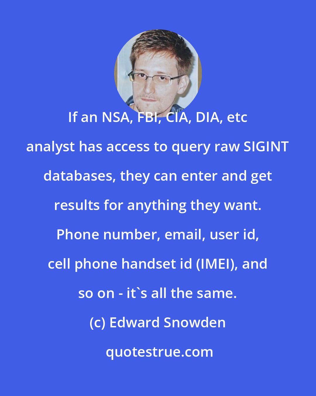 Edward Snowden: If an NSA, FBI, CIA, DIA, etc analyst has access to query raw SIGINT databases, they can enter and get results for anything they want. Phone number, email, user id, cell phone handset id (IMEI), and so on - it's all the same.
