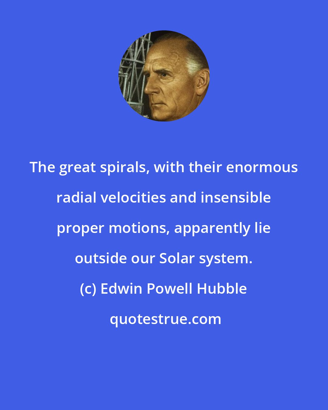 Edwin Powell Hubble: The great spirals, with their enormous radial velocities and insensible proper motions, apparently lie outside our Solar system.