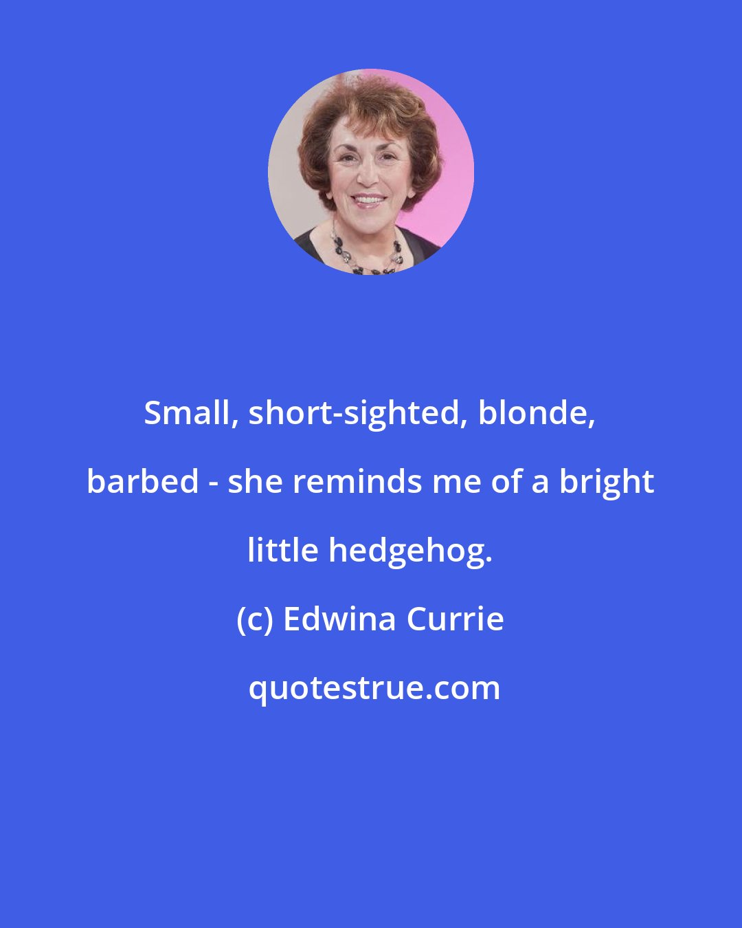 Edwina Currie: Small, short-sighted, blonde, barbed - she reminds me of a bright little hedgehog.