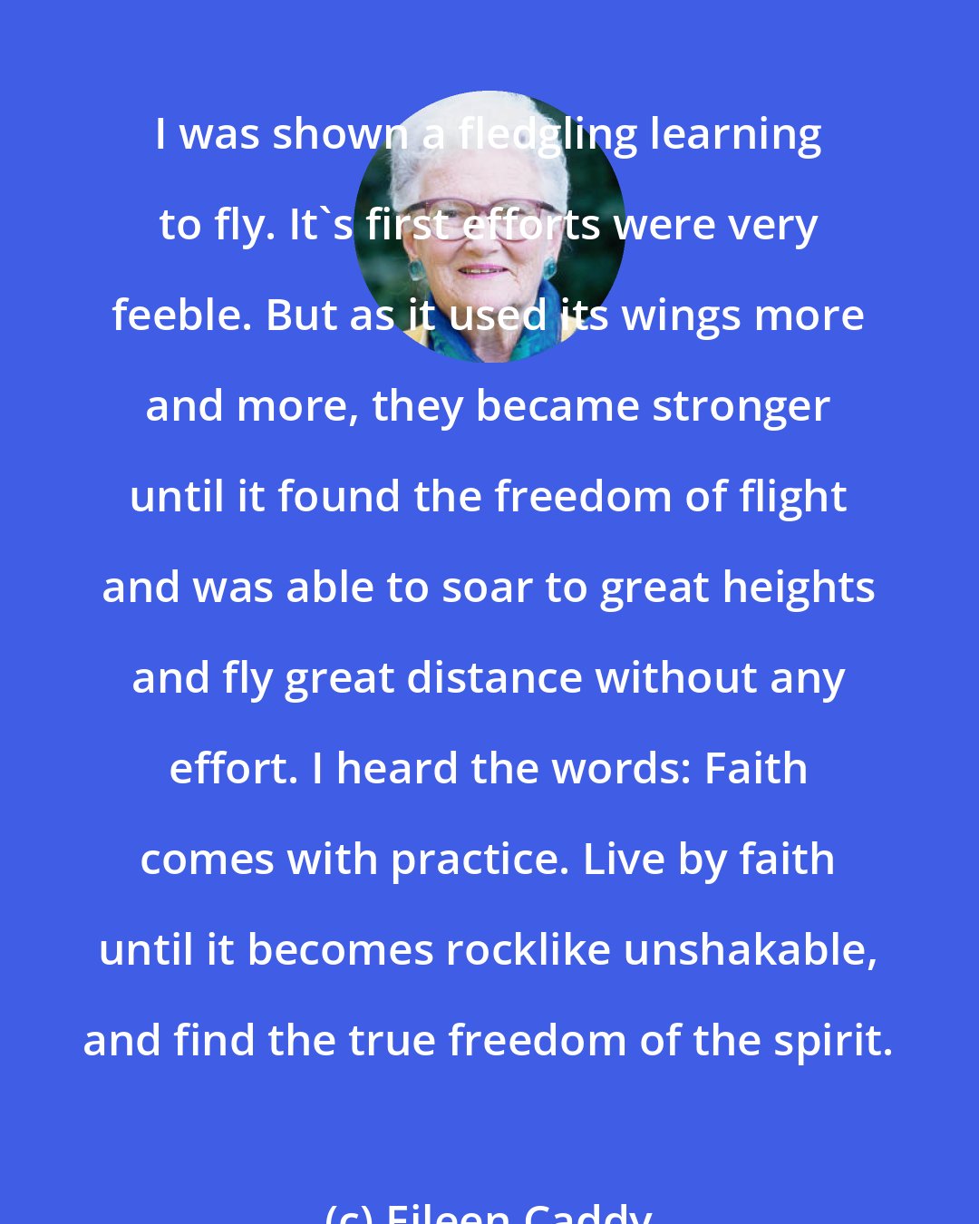 Eileen Caddy: I was shown a fledgling learning to fly. It's first efforts were very feeble. But as it used its wings more and more, they became stronger until it found the freedom of flight and was able to soar to great heights and fly great distance without any effort. I heard the words: Faith comes with practice. Live by faith until it becomes rocklike unshakable, and find the true freedom of the spirit.