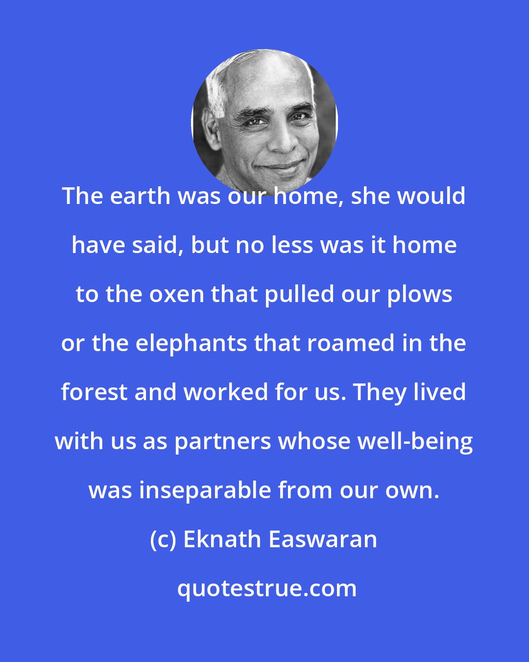 Eknath Easwaran: The earth was our home, she would have said, but no less was it home to the oxen that pulled our plows or the elephants that roamed in the forest and worked for us. They lived with us as partners whose well-being was inseparable from our own.