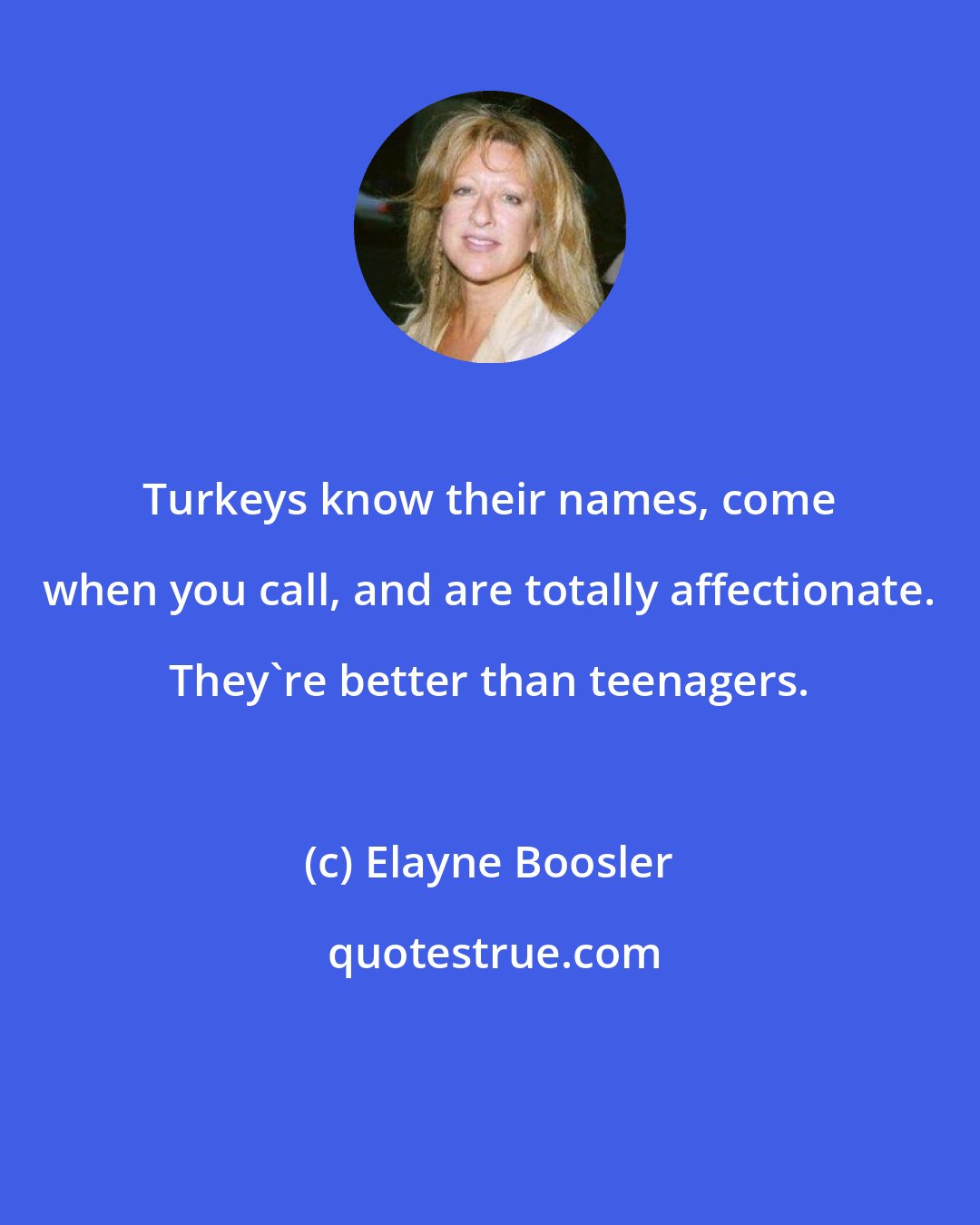 Elayne Boosler: Turkeys know their names, come when you call, and are totally affectionate. They're better than teenagers.