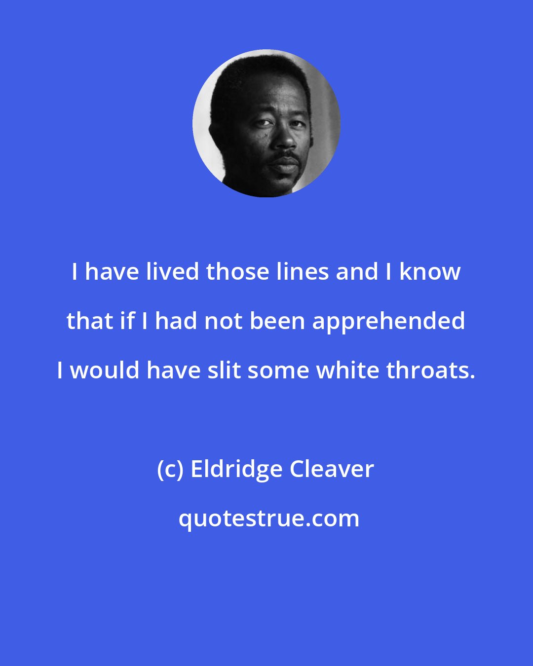 Eldridge Cleaver: I have lived those lines and I know that if I had not been apprehended I would have slit some white throats.
