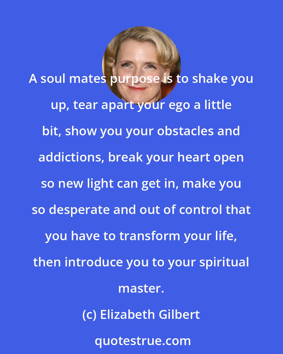 Elizabeth Gilbert: A soul mates purpose is to shake you up, tear apart your ego a little bit, show you your obstacles and addictions, break your heart open so new light can get in, make you so desperate and out of control that you have to transform your life, then introduce you to your spiritual master.