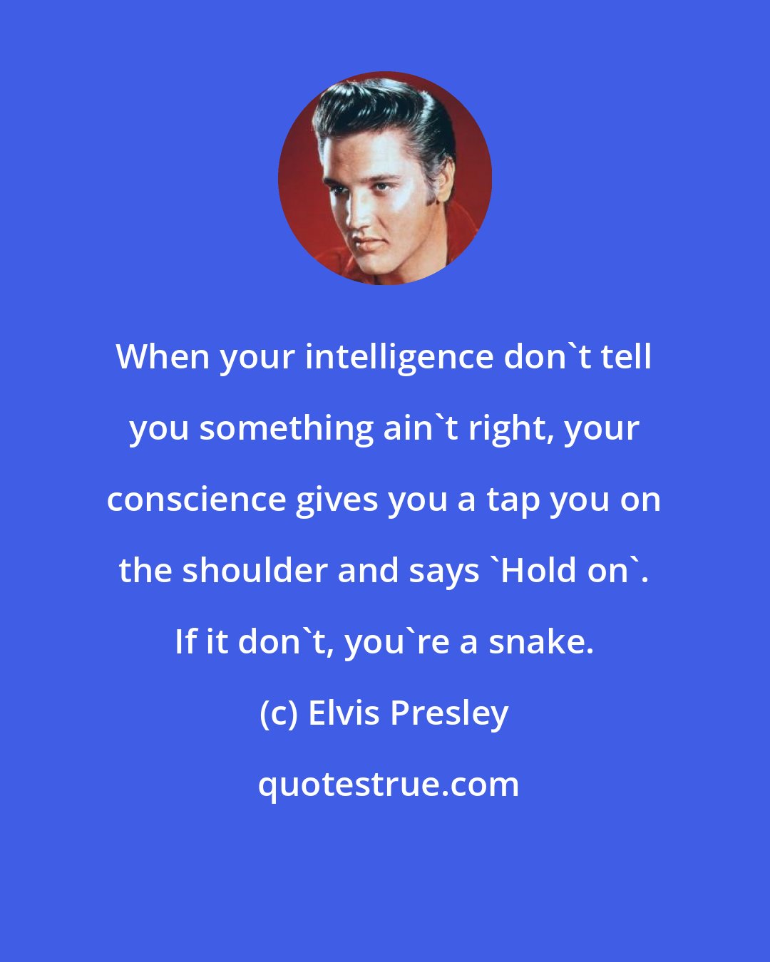 Elvis Presley: When your intelligence don't tell you something ain't right, your conscience gives you a tap you on the shoulder and says 'Hold on'. If it don't, you're a snake.