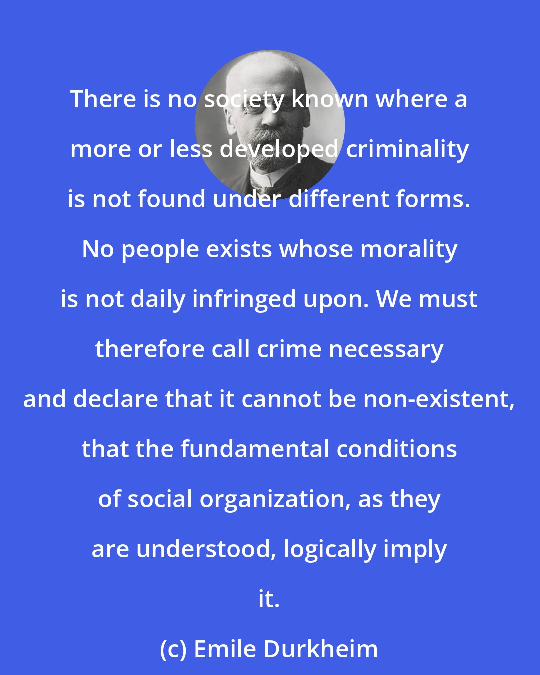 Emile Durkheim: There is no society known where a more or less developed criminality is not found under different forms. No people exists whose morality is not daily infringed upon. We must therefore call crime necessary and declare that it cannot be non-existent, that the fundamental conditions of social organization, as they are understood, logically imply it.