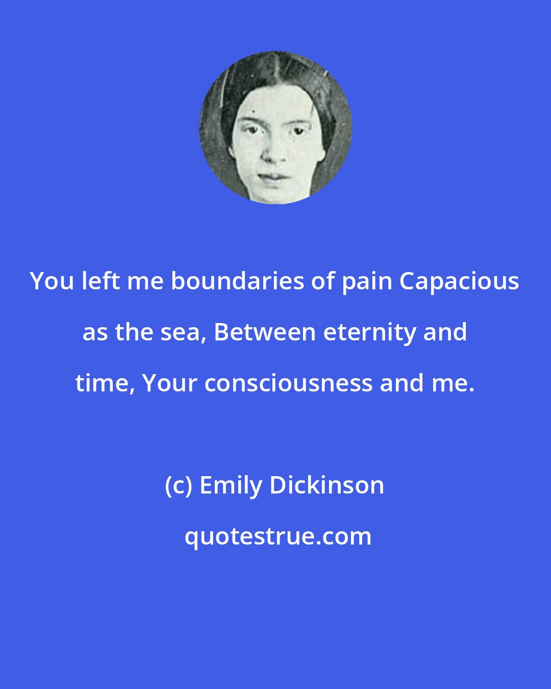 Emily Dickinson: You left me boundaries of pain Capacious as the sea, Between eternity and time, Your consciousness and me.