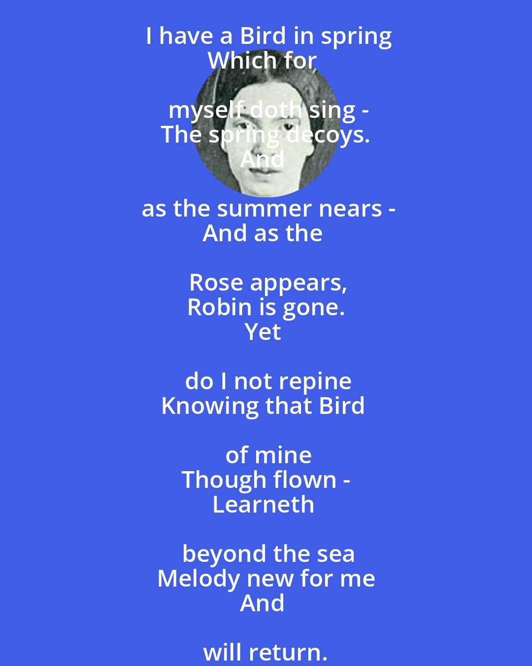 Emily Dickinson: I have a Bird in spring
Which for myself doth sing -
The spring decoys.
And as the summer nears -
And as the Rose appears,
Robin is gone.
Yet do I not repine
Knowing that Bird of mine
Though flown -
Learneth beyond the sea
Melody new for me
And will return.