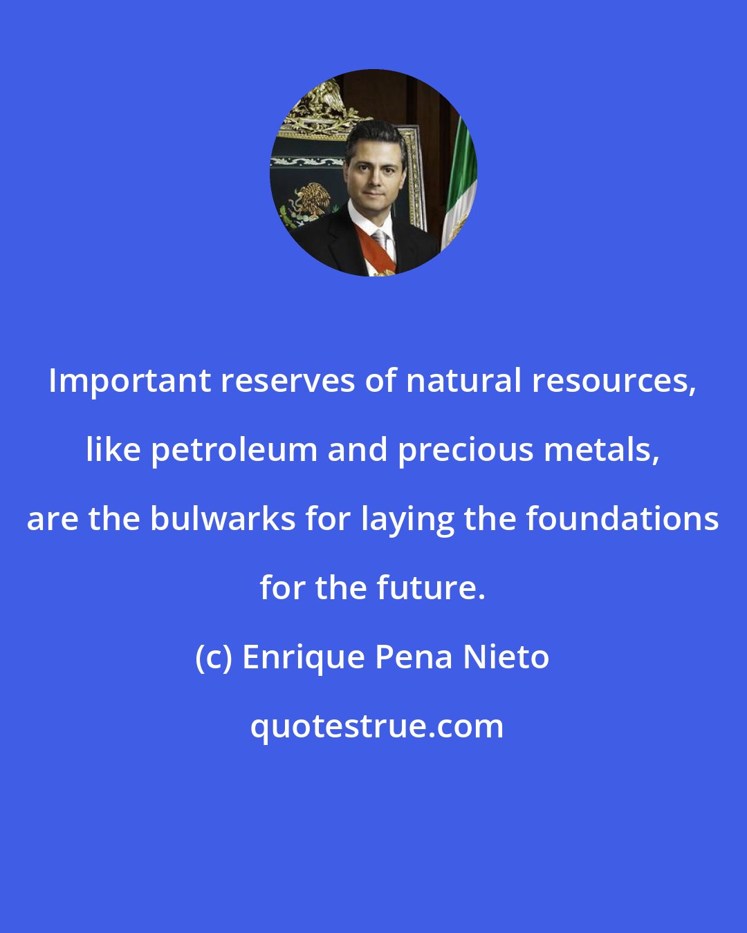 Enrique Pena Nieto: Important reserves of natural resources, like petroleum and precious metals, are the bulwarks for laying the foundations for the future.