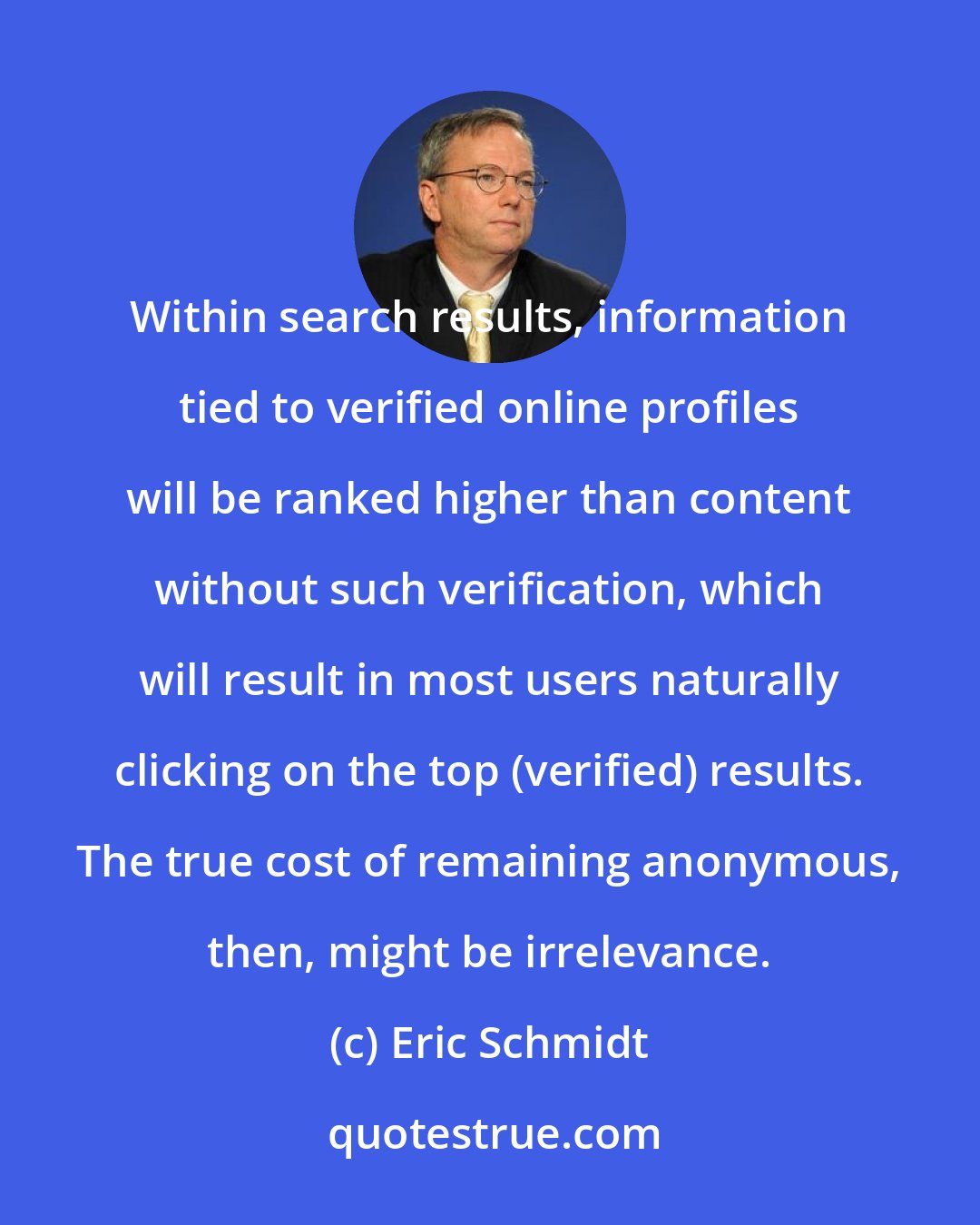 Eric Schmidt: Within search results, information tied to verified online profiles will be ranked higher than content without such verification, which will result in most users naturally clicking on the top (verified) results. The true cost of remaining anonymous, then, might be irrelevance.