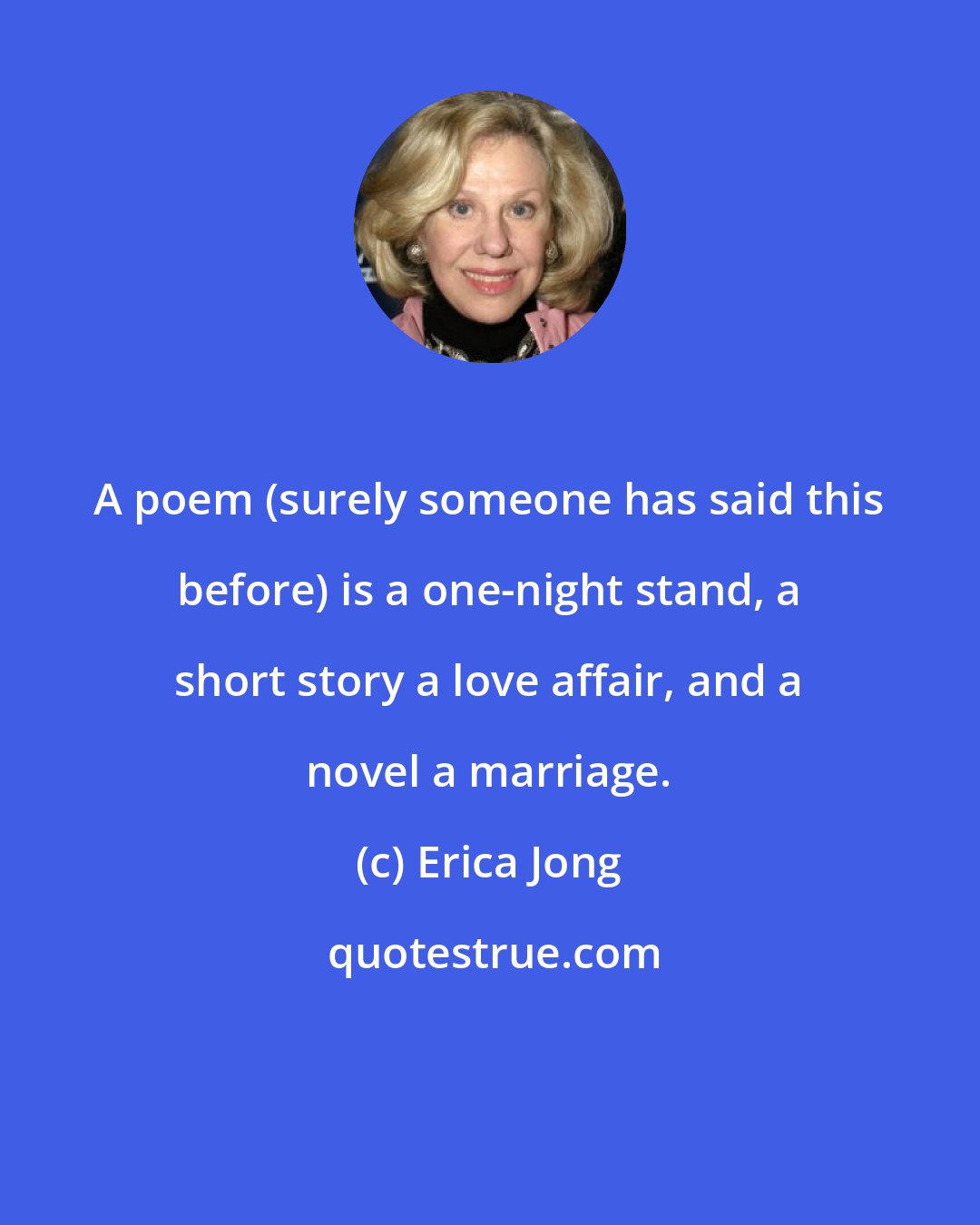 Erica Jong: A poem (surely someone has said this before) is a one-night stand, a short story a love affair, and a novel a marriage.