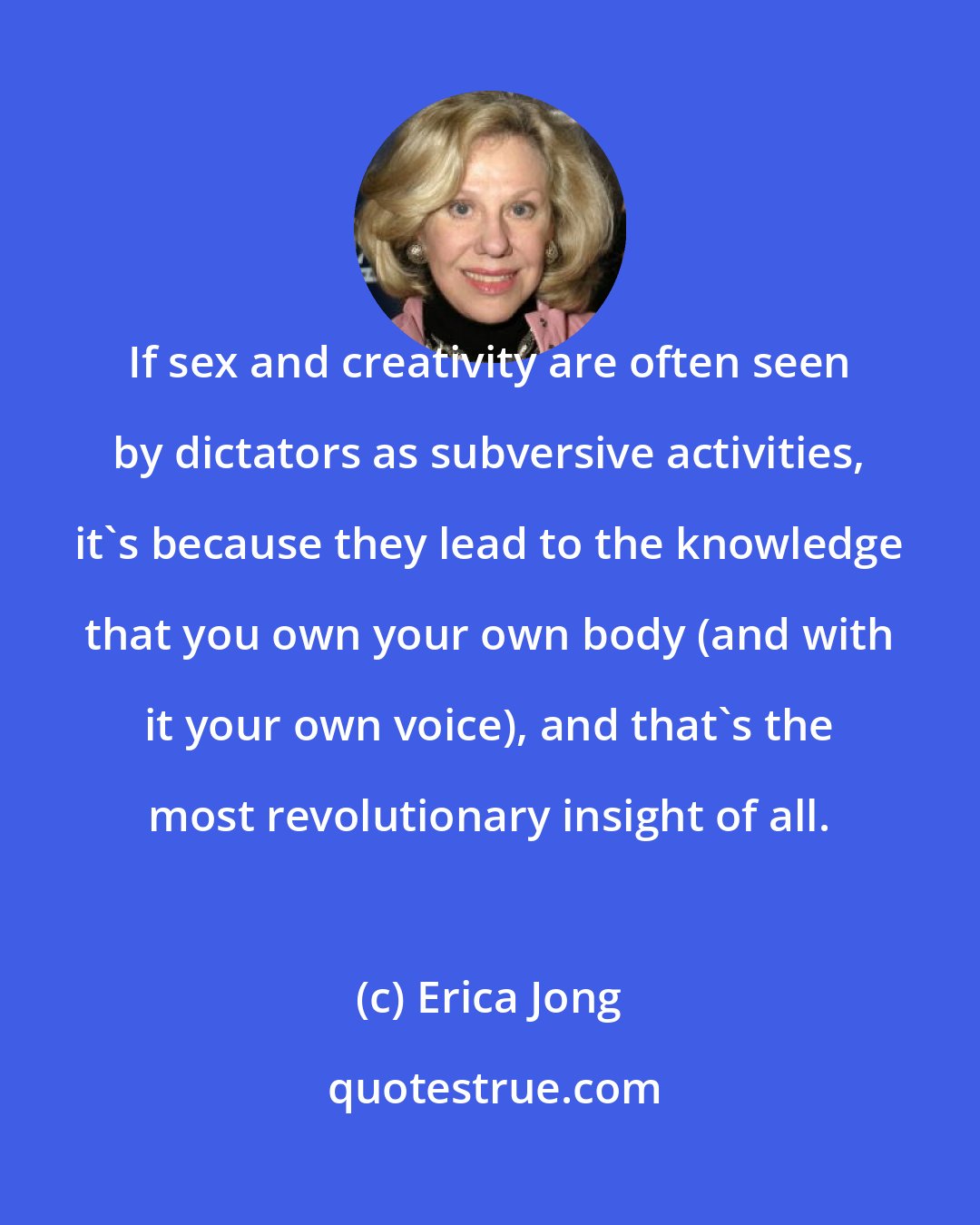 Erica Jong: If sex and creativity are often seen by dictators as subversive activities, it's because they lead to the knowledge that you own your own body (and with it your own voice), and that's the most revolutionary insight of all.