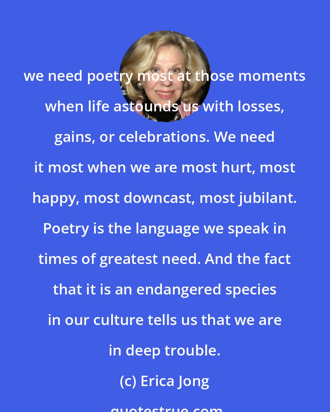 Erica Jong: we need poetry most at those moments when life astounds us with losses, gains, or celebrations. We need it most when we are most hurt, most happy, most downcast, most jubilant. Poetry is the language we speak in times of greatest need. And the fact that it is an endangered species in our culture tells us that we are in deep trouble.