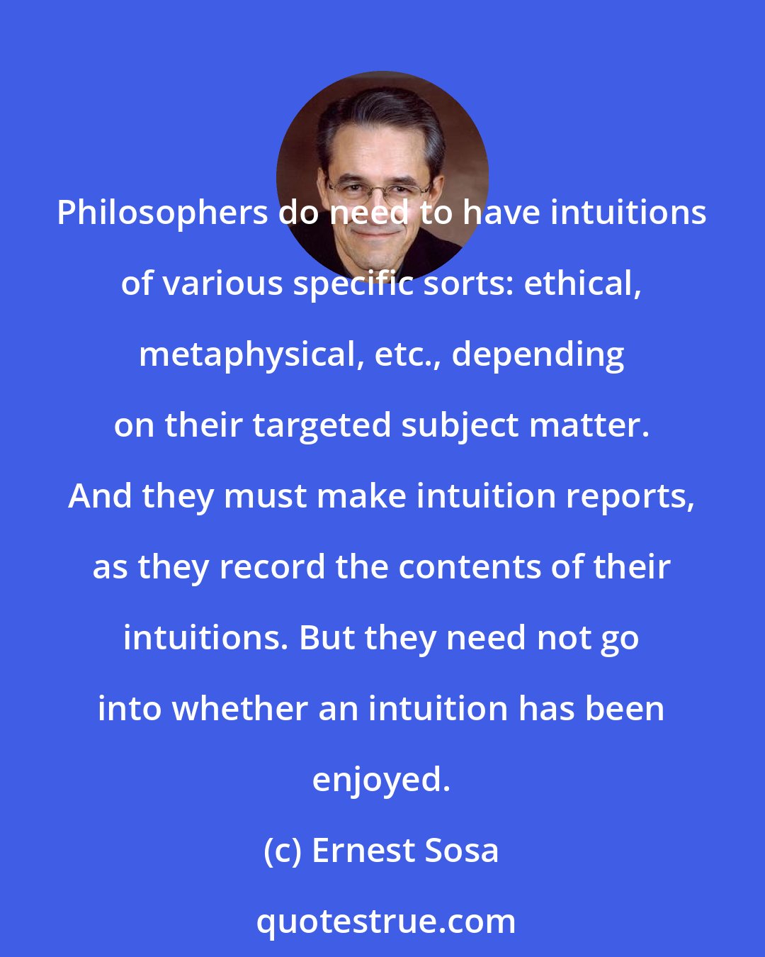 Ernest Sosa: Philosophers do need to have intuitions of various specific sorts: ethical, metaphysical, etc., depending on their targeted subject matter. And they must make intuition reports, as they record the contents of their intuitions. But they need not go into whether an intuition has been enjoyed.