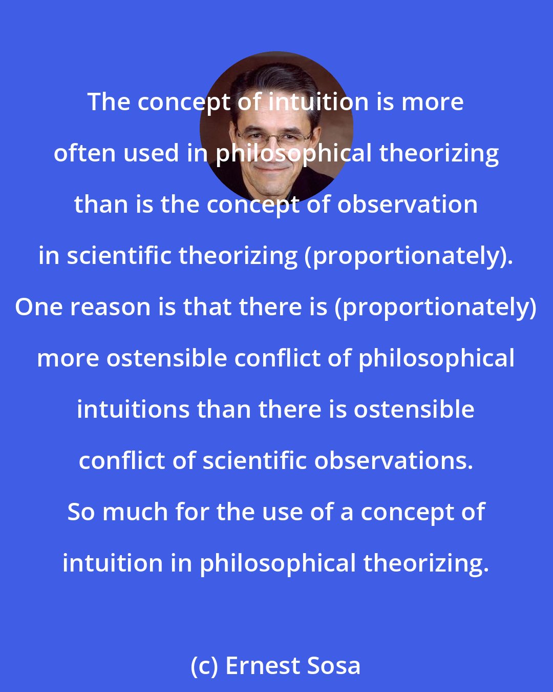 Ernest Sosa: The concept of intuition is more often used in philosophical theorizing than is the concept of observation in scientific theorizing (proportionately). One reason is that there is (proportionately) more ostensible conflict of philosophical intuitions than there is ostensible conflict of scientific observations. So much for the use of a concept of intuition in philosophical theorizing.