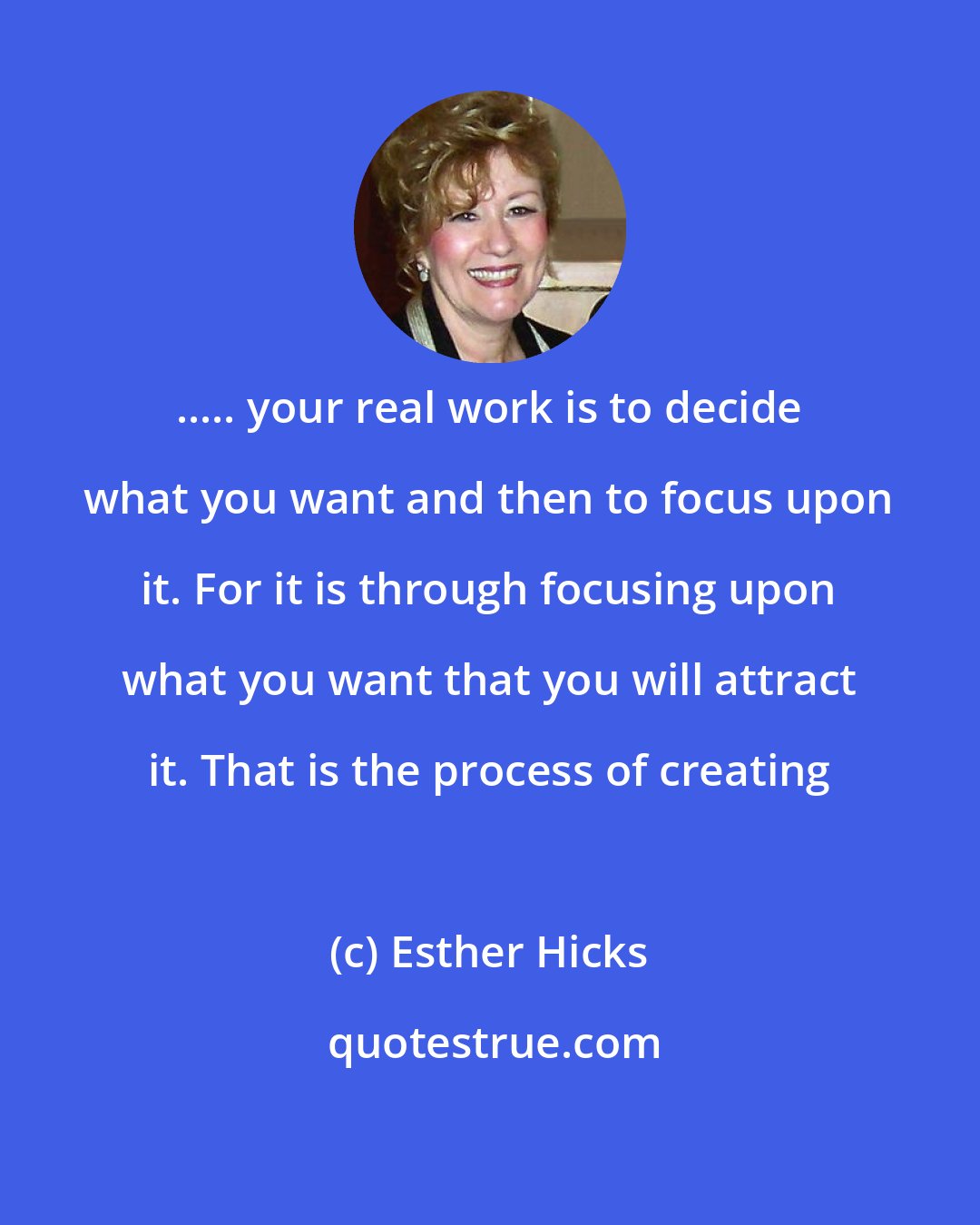 Esther Hicks: ..... your real work is to decide what you want and then to focus upon it. For it is through focusing upon what you want that you will attract it. That is the process of creating