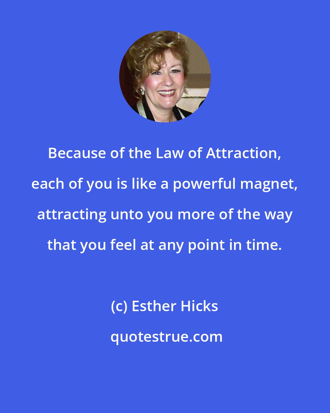 Esther Hicks: Because of the Law of Attraction, each of you is like a powerful magnet, attracting unto you more of the way that you feel at any point in time.