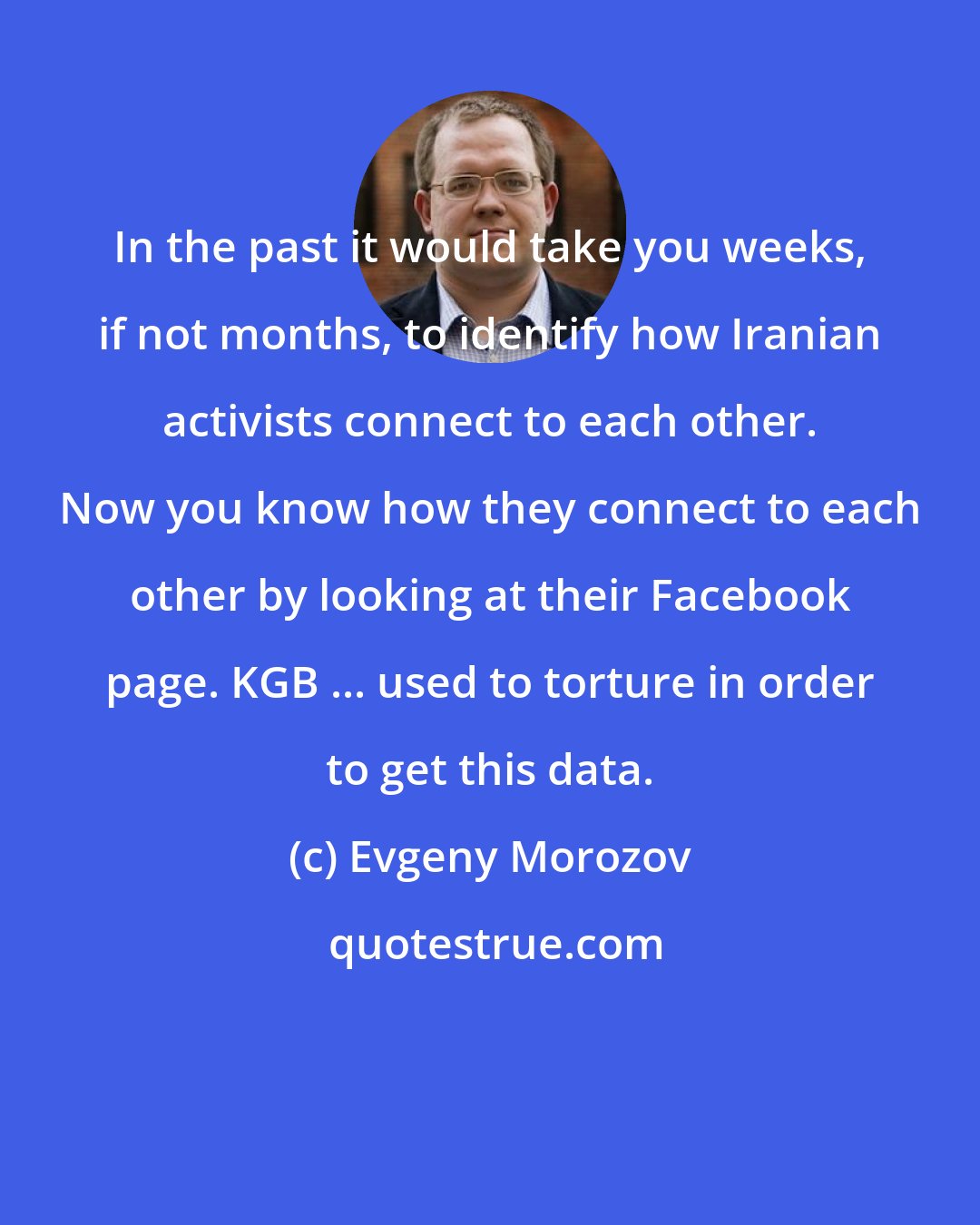 Evgeny Morozov: In the past it would take you weeks, if not months, to identify how Iranian activists connect to each other. Now you know how they connect to each other by looking at their Facebook page. KGB ... used to torture in order to get this data.