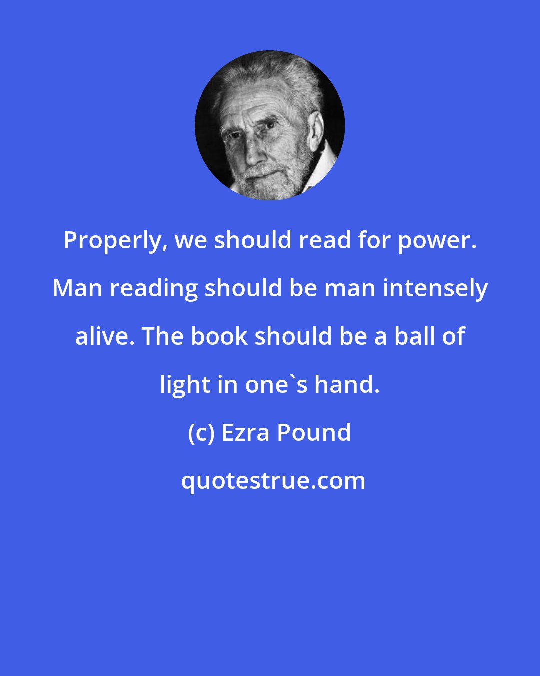 Ezra Pound: Properly, we should read for power. Man reading should be man intensely alive. The book should be a ball of light in one's hand.