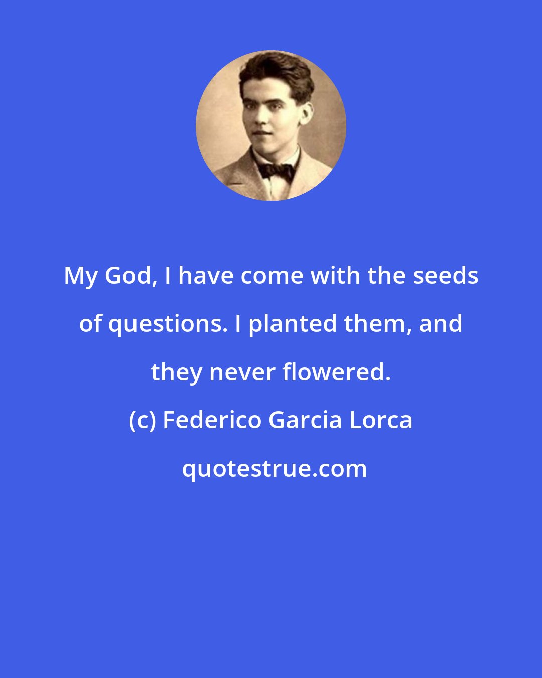 Federico Garcia Lorca: My God, I have come with the seeds of questions. I planted them, and they never flowered.