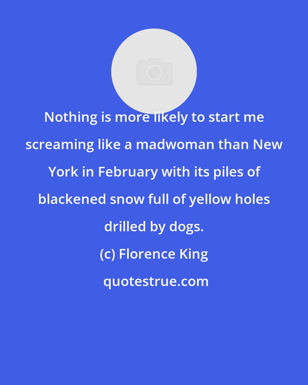 Florence King: Nothing is more likely to start me screaming like a madwoman than New York in February with its piles of blackened snow full of yellow holes drilled by dogs.