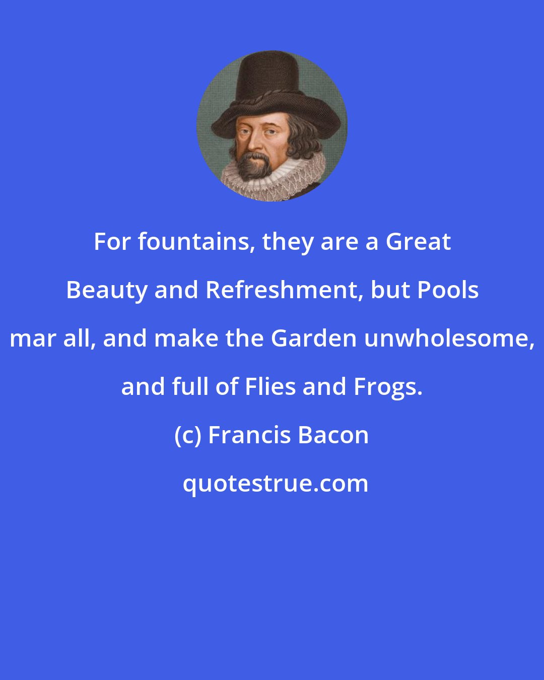 Francis Bacon: For fountains, they are a Great Beauty and Refreshment, but Pools mar all, and make the Garden unwholesome, and full of Flies and Frogs.