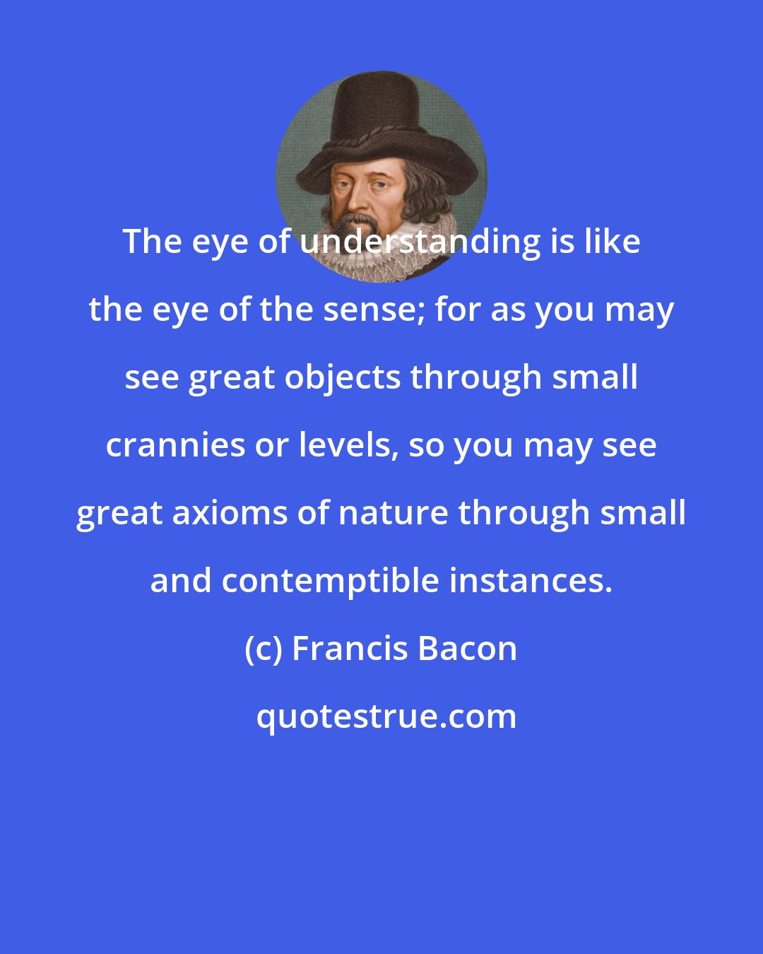 Francis Bacon: The eye of understanding is like the eye of the sense; for as you may see great objects through small crannies or levels, so you may see great axioms of nature through small and contemptible instances.