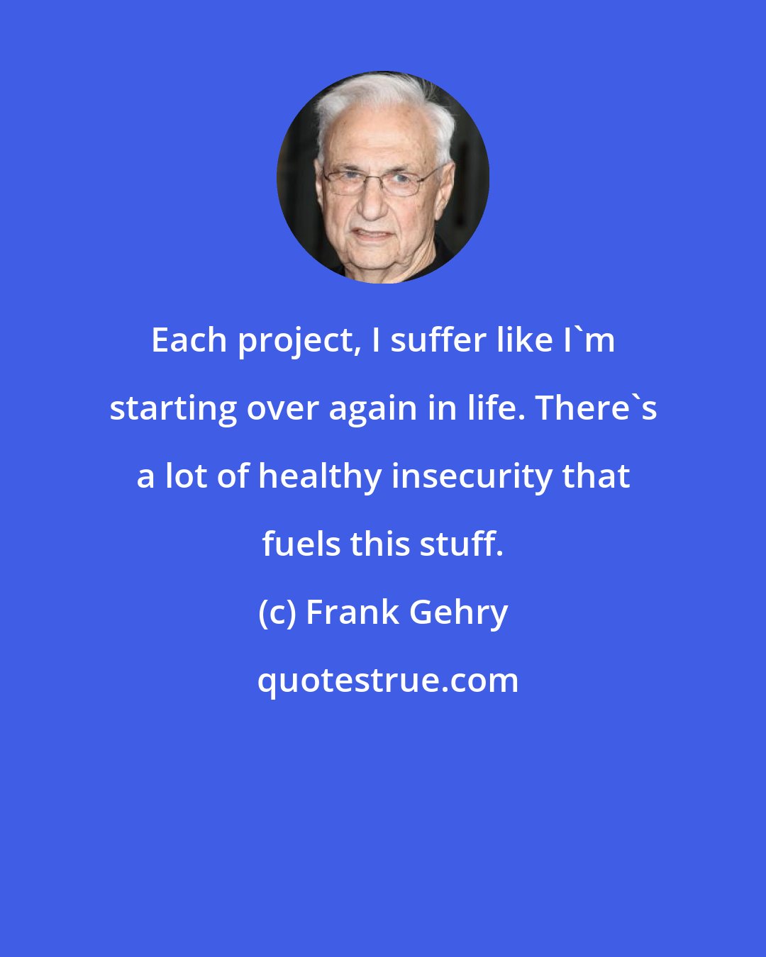 Frank Gehry: Each project, I suffer like I'm starting over again in life. There's a lot of healthy insecurity that fuels this stuff.