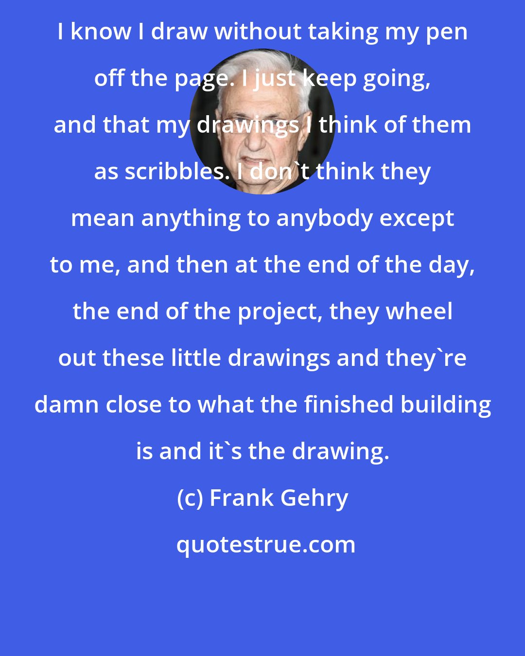 Frank Gehry: I know I draw without taking my pen off the page. I just keep going, and that my drawings I think of them as scribbles. I don't think they mean anything to anybody except to me, and then at the end of the day, the end of the project, they wheel out these little drawings and they're damn close to what the finished building is and it's the drawing.