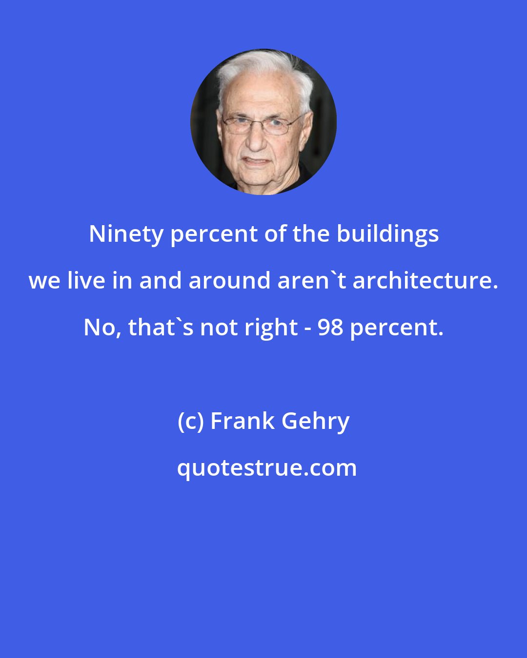 Frank Gehry: Ninety percent of the buildings we live in and around aren't architecture. No, that's not right - 98 percent.