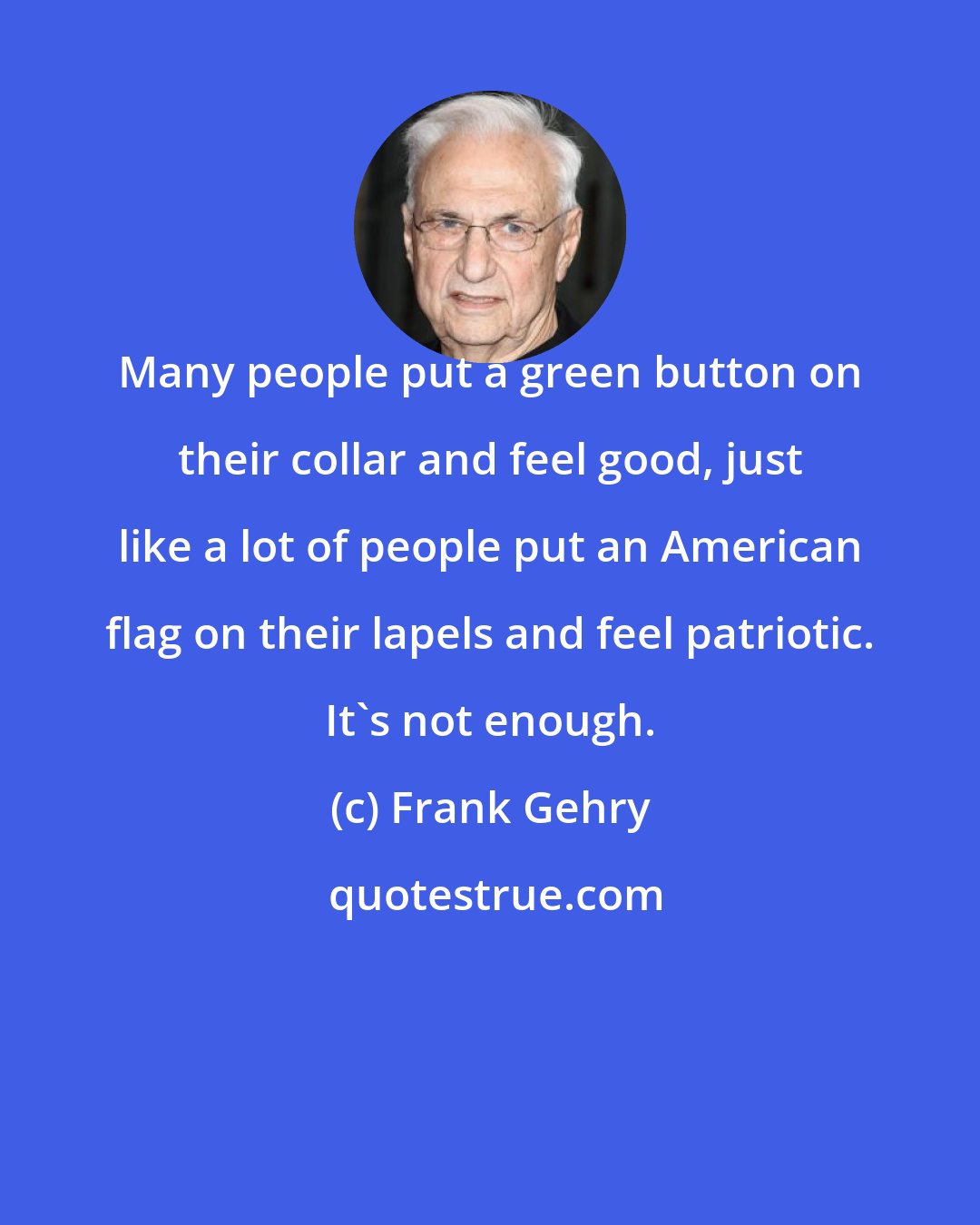 Frank Gehry: Many people put a green button on their collar and feel good, just like a lot of people put an American flag on their lapels and feel patriotic. It's not enough.