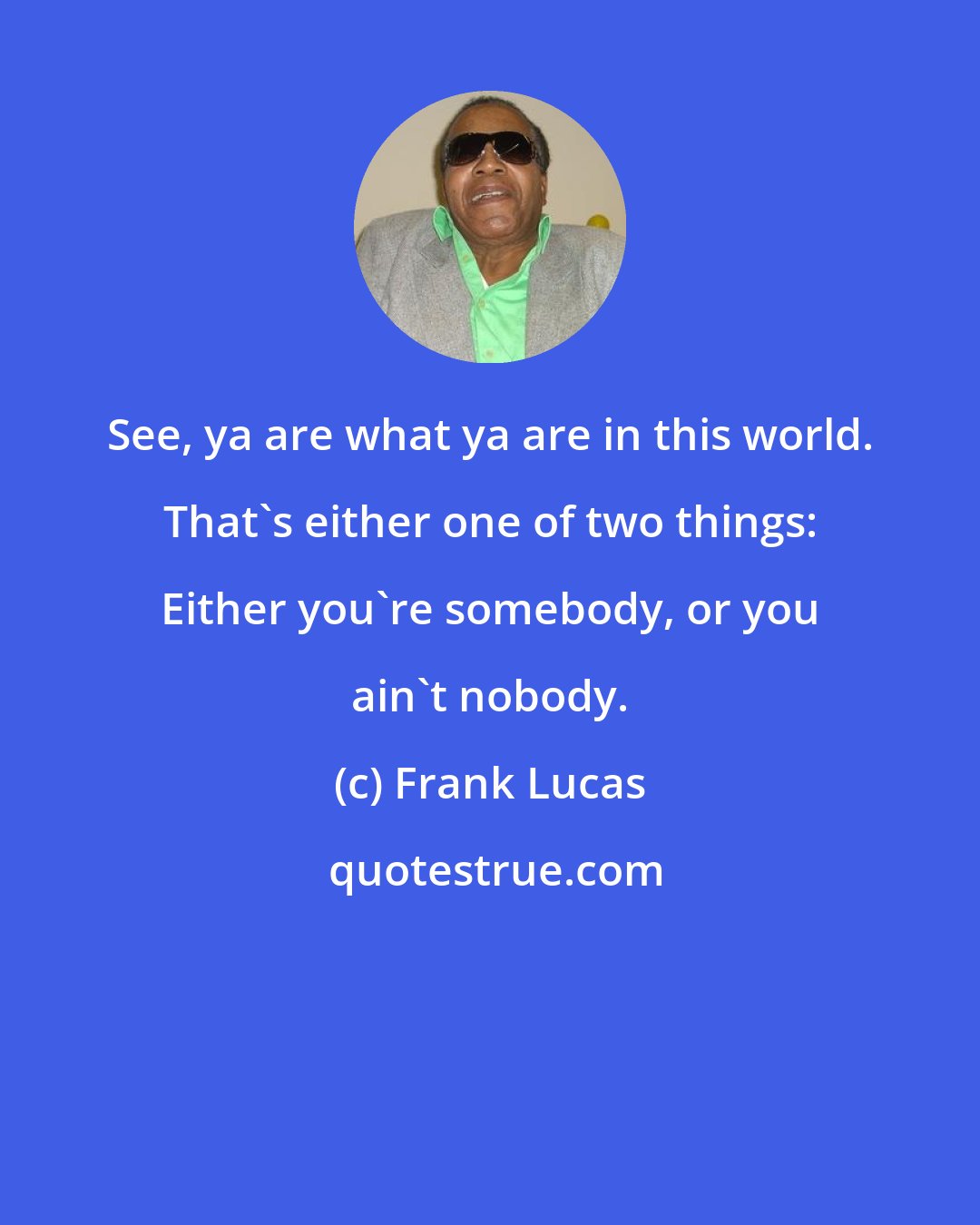 Frank Lucas: See, ya are what ya are in this world. That's either one of two things: Either you're somebody, or you ain't nobody.
