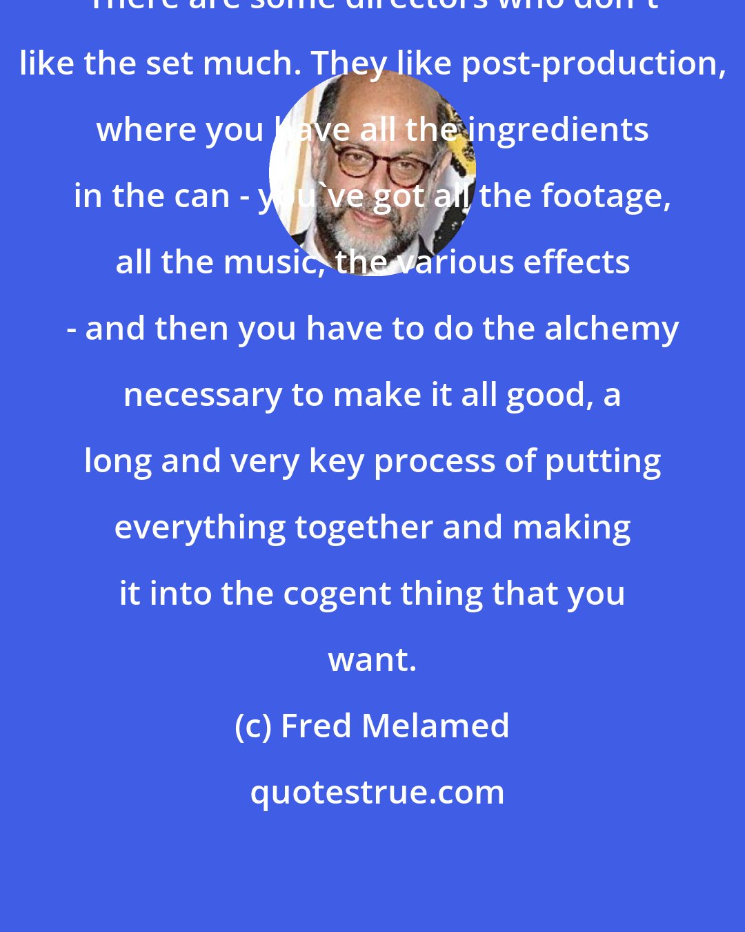 Fred Melamed: There are some directors who don't like the set much. They like post-production, where you have all the ingredients in the can - you've got all the footage, all the music, the various effects - and then you have to do the alchemy necessary to make it all good, a long and very key process of putting everything together and making it into the cogent thing that you want.