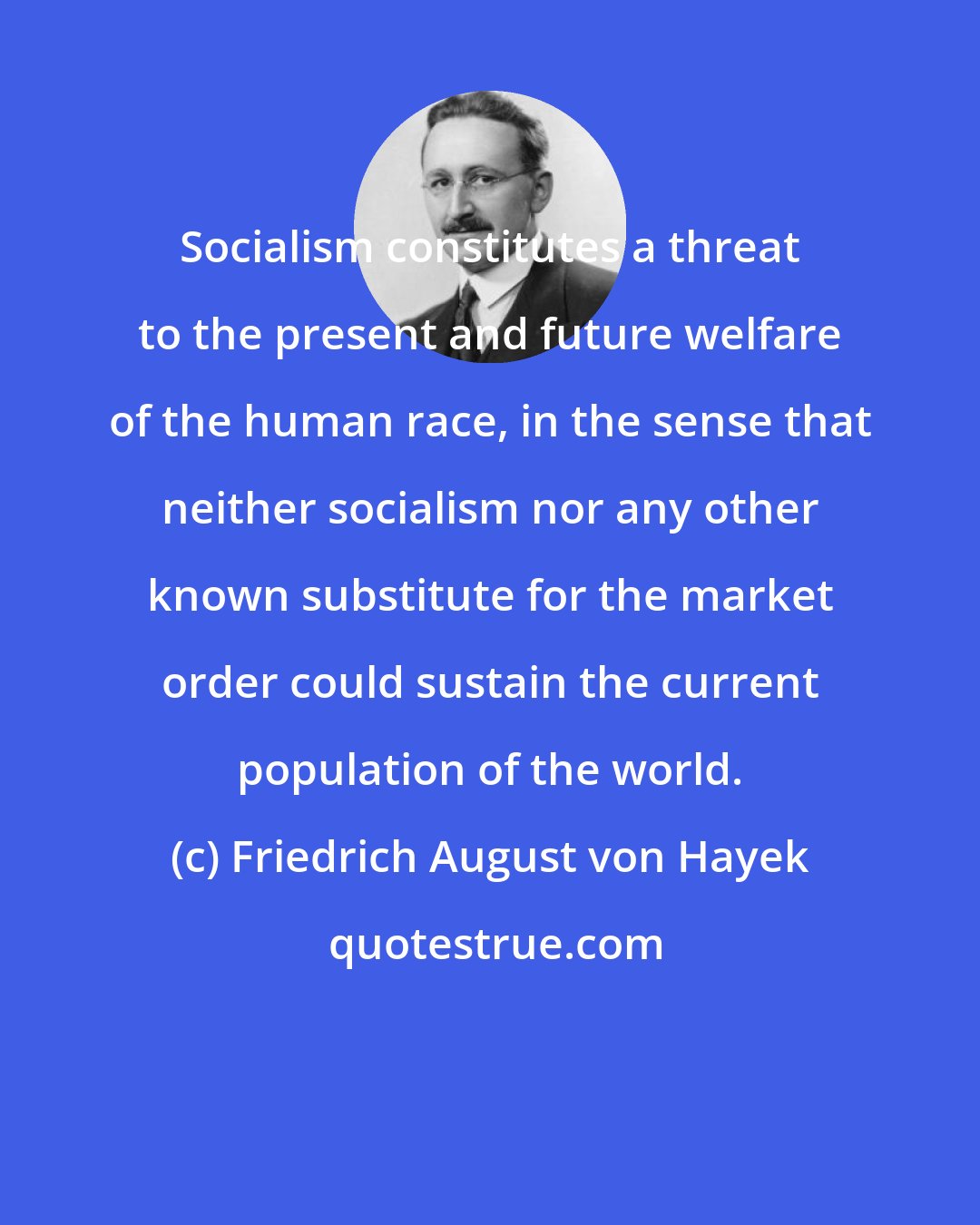 Friedrich August von Hayek: Socialism constitutes a threat to the present and future welfare of the human race, in the sense that neither socialism nor any other known substitute for the market order could sustain the current population of the world.