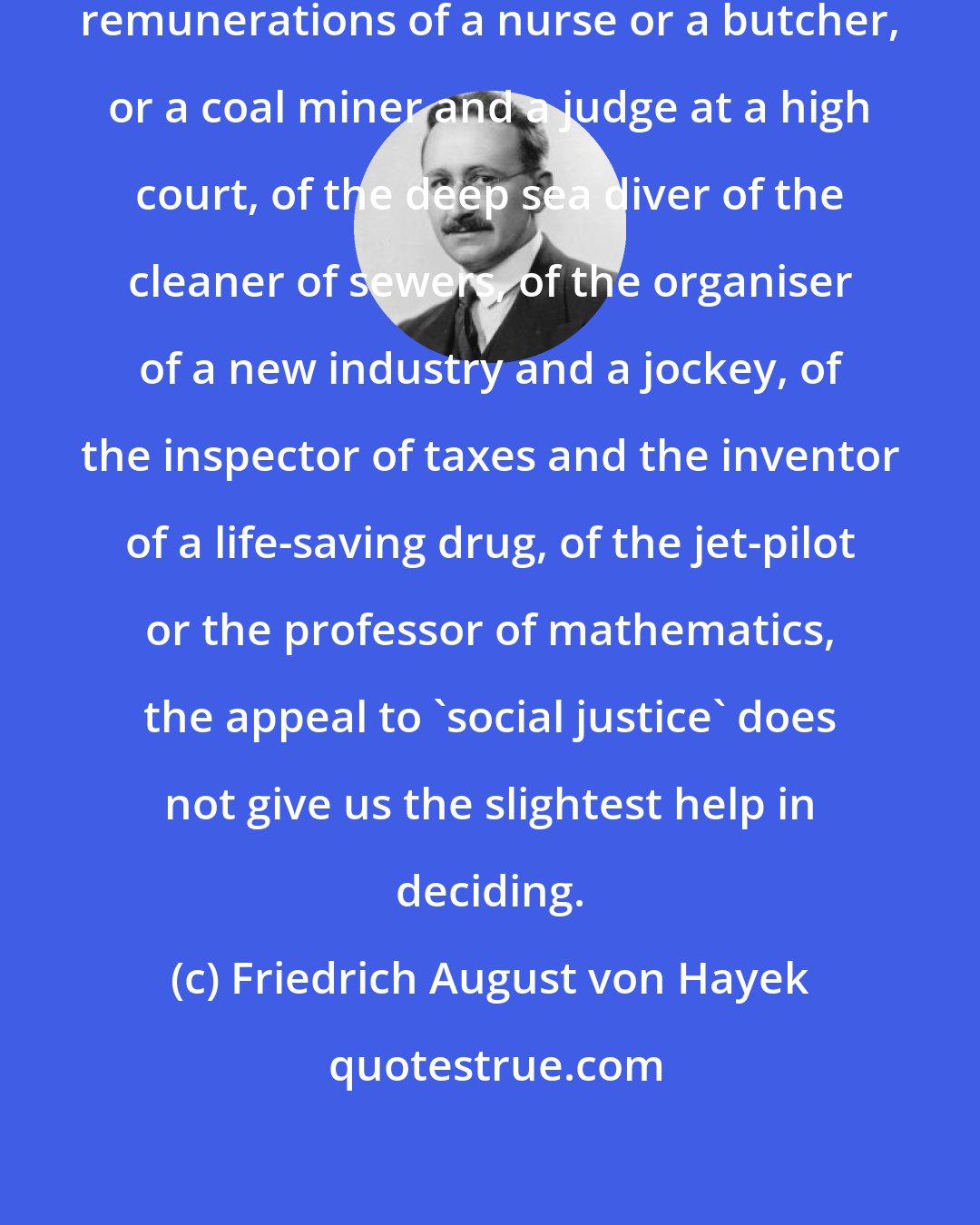 Friedrich August von Hayek: When we ask what ought to be the relative remunerations of a nurse or a butcher, or a coal miner and a judge at a high court, of the deep sea diver of the cleaner of sewers, of the organiser of a new industry and a jockey, of the inspector of taxes and the inventor of a life-saving drug, of the jet-pilot or the professor of mathematics, the appeal to 'social justice' does not give us the slightest help in deciding.