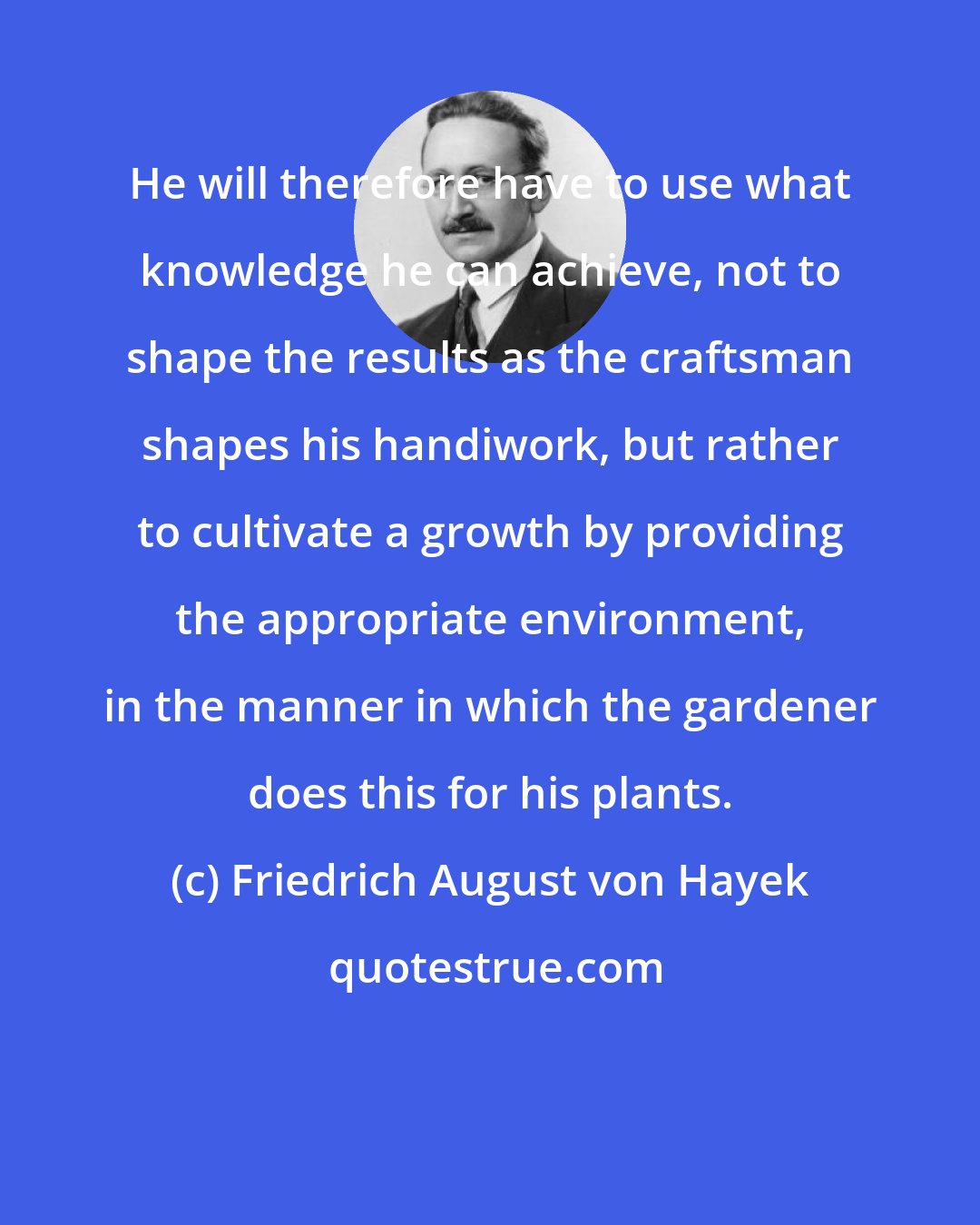 Friedrich August von Hayek: He will therefore have to use what knowledge he can achieve, not to shape the results as the craftsman shapes his handiwork, but rather to cultivate a growth by providing the appropriate environment, in the manner in which the gardener does this for his plants.