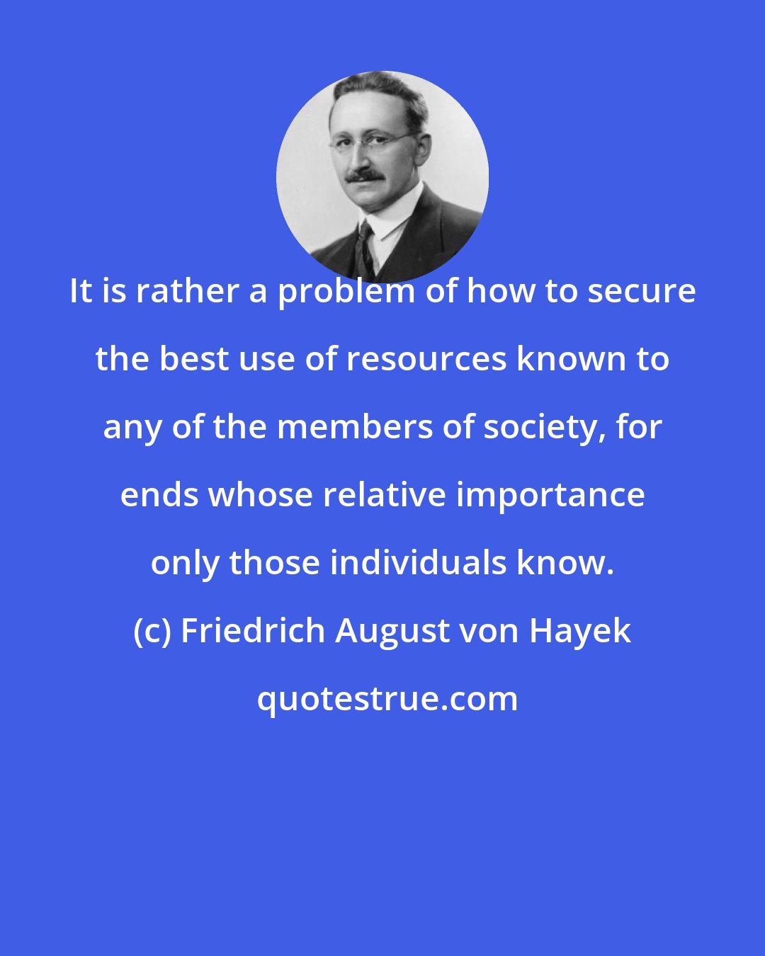 Friedrich August von Hayek: It is rather a problem of how to secure the best use of resources known to any of the members of society, for ends whose relative importance only those individuals know.