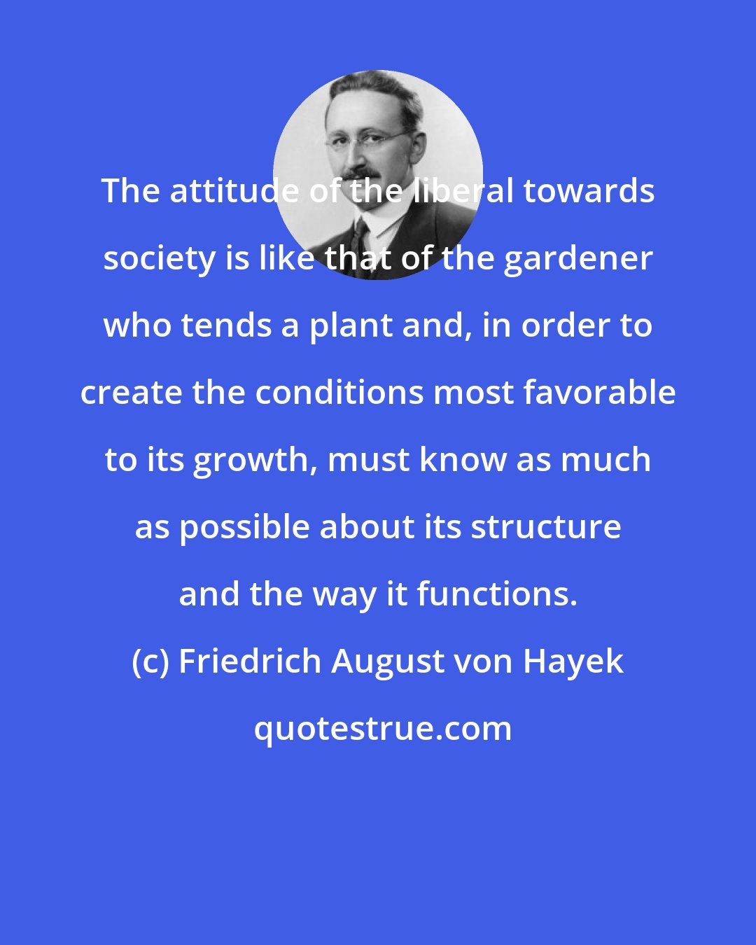 Friedrich August von Hayek: The attitude of the liberal towards society is like that of the gardener who tends a plant and, in order to create the conditions most favorable to its growth, must know as much as possible about its structure and the way it functions.